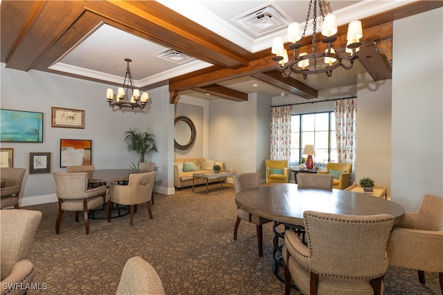 dining space with beamed ceiling, carpet flooring, an inviting chandelier, and crown molding