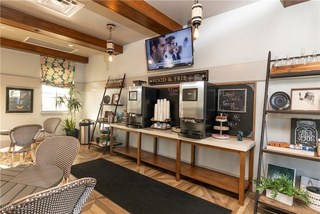 bar featuring decorative light fixtures and beam ceiling