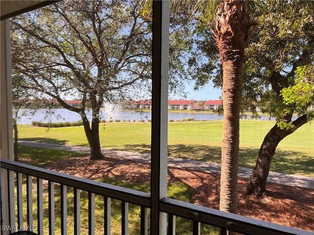 view of yard with a water view