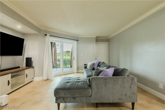 living room featuring light tile patterned flooring and ornamental molding