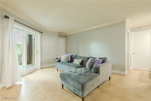 tiled living room featuring crown molding