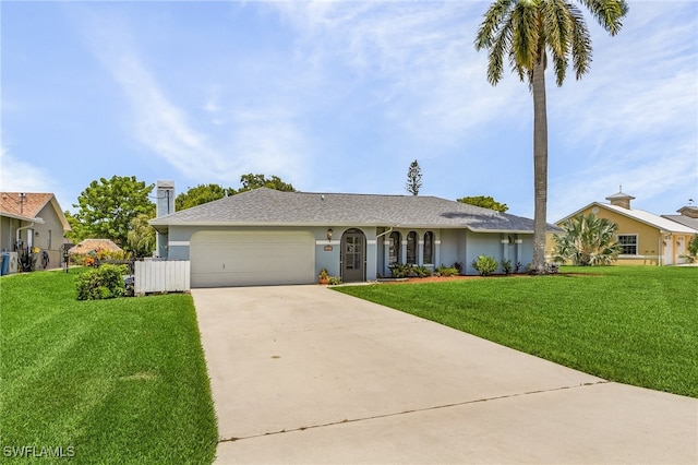 single story home featuring a garage and a front yard