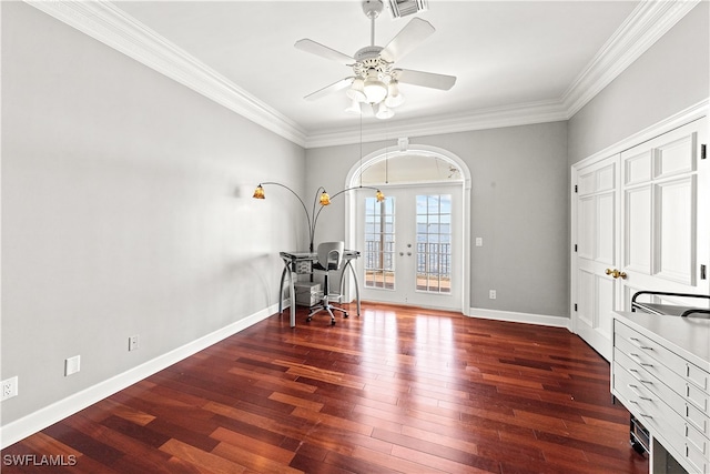 office with dark hardwood / wood-style flooring, french doors, ceiling fan, and crown molding