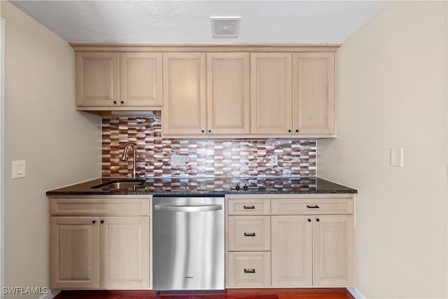 kitchen featuring dark stone countertops, stainless steel dishwasher, sink, and backsplash