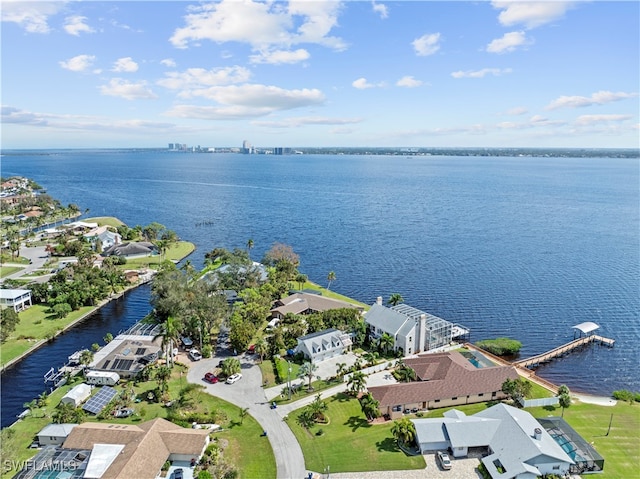 drone / aerial view featuring a water view