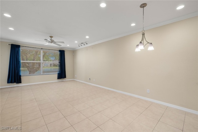 empty room featuring light tile patterned flooring, ceiling fan with notable chandelier, and crown molding