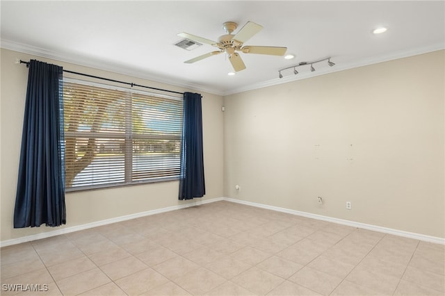 empty room with light tile patterned flooring, ceiling fan, and crown molding