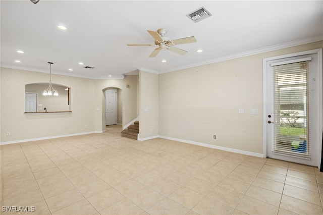 unfurnished living room with ceiling fan with notable chandelier, light tile patterned floors, and crown molding