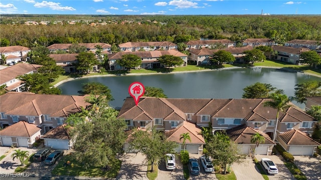 drone / aerial view featuring a water view