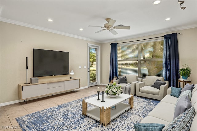 tiled living room featuring ceiling fan and crown molding