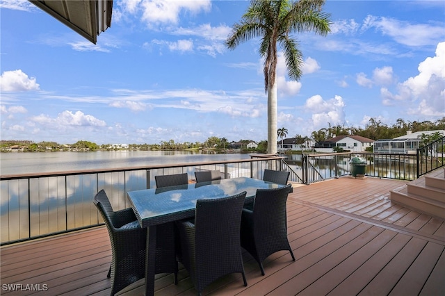 wooden deck featuring a water view