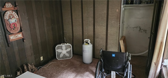 interior space featuring wooden walls