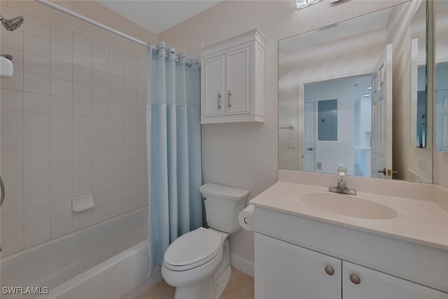 full bathroom featuring vanity, shower / tub combo with curtain, and toilet