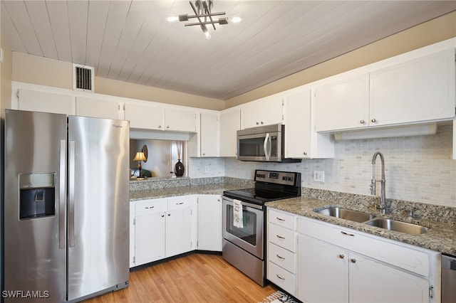 kitchen with sink, light hardwood / wood-style flooring, decorative backsplash, appliances with stainless steel finishes, and white cabinetry