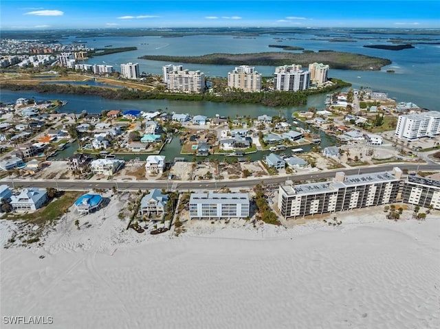 aerial view with a water view and a view of city