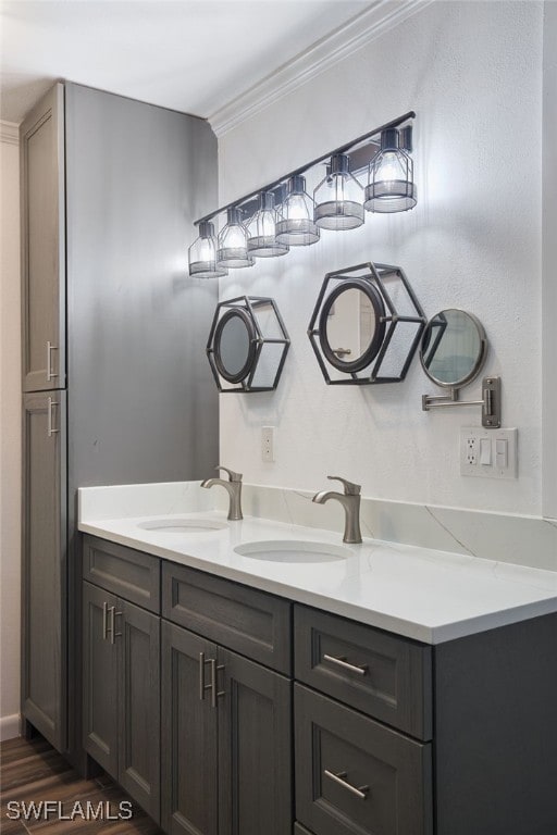 bathroom featuring vanity, hardwood / wood-style flooring, and crown molding