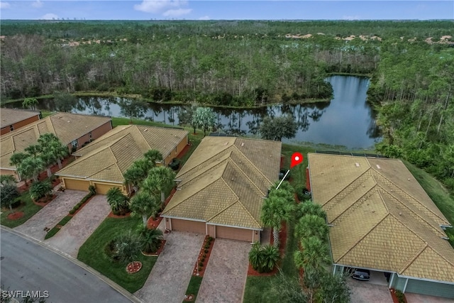 aerial view featuring a water view