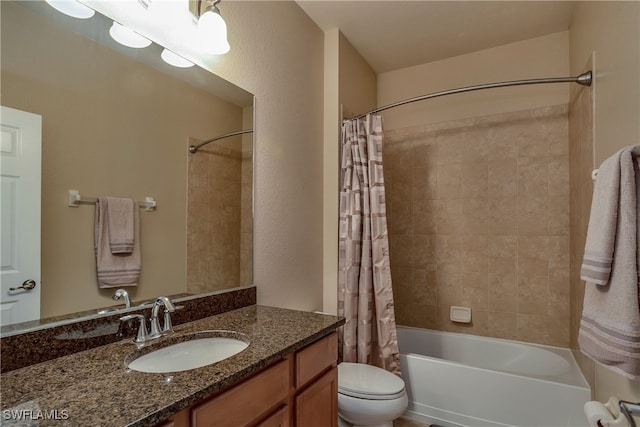 full bathroom with toilet, vanity, and shower / bathtub combination with curtain