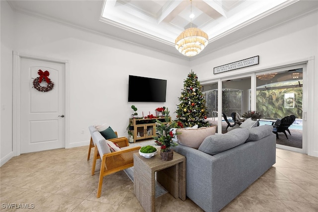 tiled living room featuring coffered ceiling, beamed ceiling, a notable chandelier, and ornamental molding