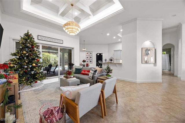 tiled living room with beam ceiling, an inviting chandelier, crown molding, and coffered ceiling