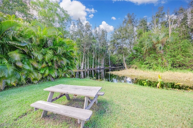 view of community featuring a yard and a water view