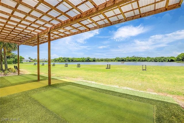 view of community with a water view and a lawn