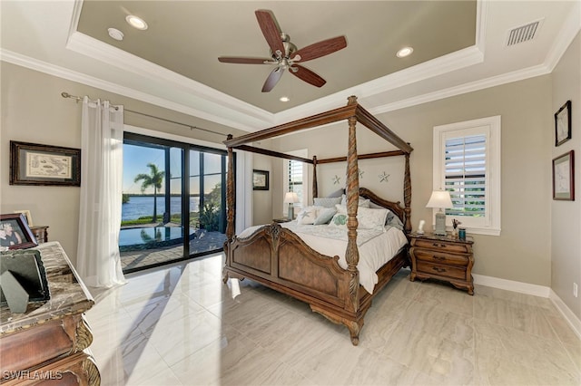 bedroom with access to outside, multiple windows, ceiling fan, and crown molding