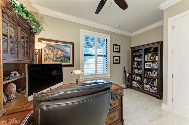 home office with ceiling fan and crown molding