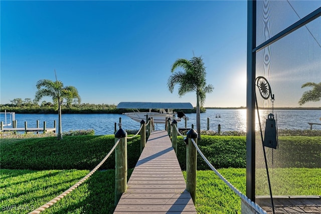 view of dock with a water view