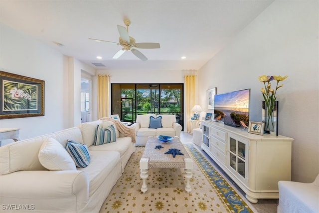 living room with ceiling fan