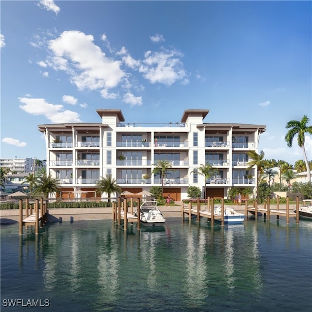 view of swimming pool with a dock and a water view