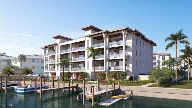 dock area featuring a balcony and a water view