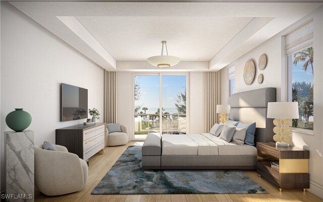 bedroom with access to outside, light hardwood / wood-style flooring, and a tray ceiling