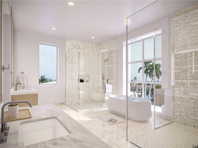 bathroom with vanity and plus walk in shower