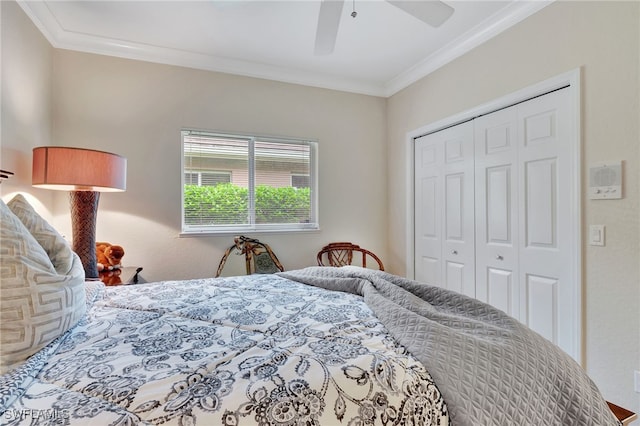 bedroom featuring ceiling fan, ornamental molding, and a closet