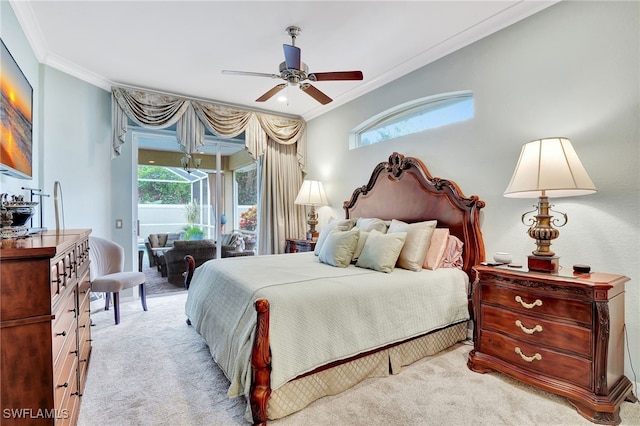 bedroom featuring light carpet, access to exterior, ceiling fan, and crown molding