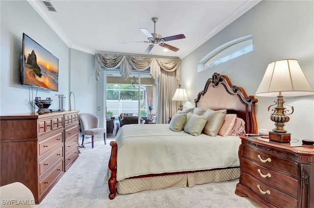 bedroom featuring multiple windows, ceiling fan, and crown molding