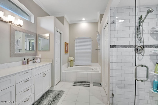 bathroom featuring tile patterned flooring, vanity, crown molding, and independent shower and bath