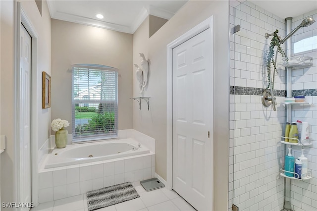 bathroom featuring tile patterned floors, separate shower and tub, and ornamental molding