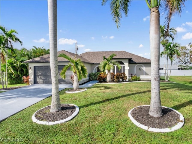 view of front of home featuring a front lawn and a garage