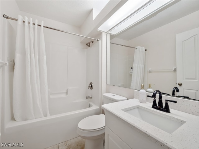 full bathroom with toilet, vanity, shower / bathtub combination with curtain, and tile patterned flooring