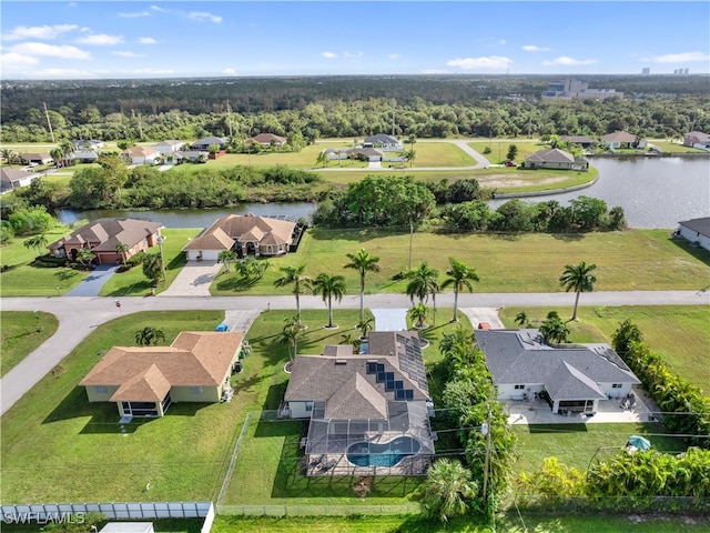 drone / aerial view featuring a water view