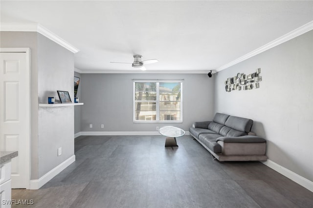 living room featuring dark wood-type flooring, ceiling fan, and crown molding