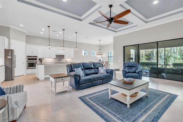 20533 Wilderness Ct, Estero, FL 33928 - living room featuring crown molding, coffered ceiling, ceiling fan, recessed lighting, and light tile patterned floors