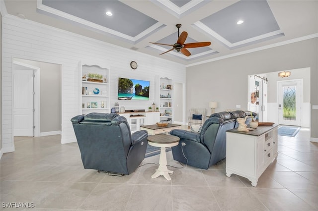 20533 Wilderness Ct, Estero, FL 33928 - living area with a ceiling fan, coffered ceiling, crown molding, light tile patterned flooring, and beamed ceiling