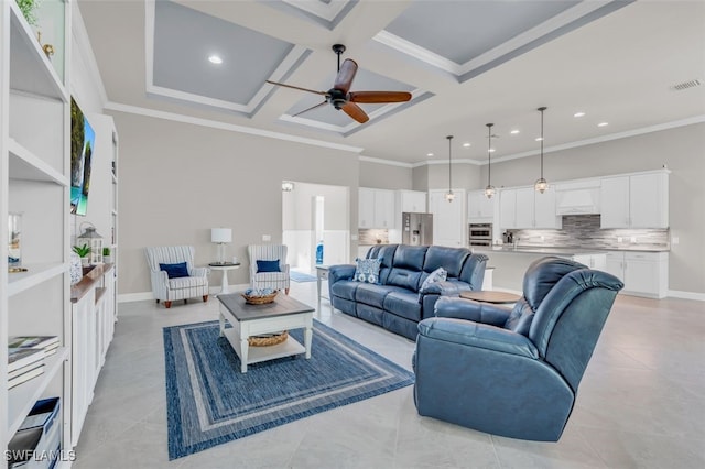 living room with beam ceiling, ceiling fan, coffered ceiling, crown molding, and light tile patterned flooring