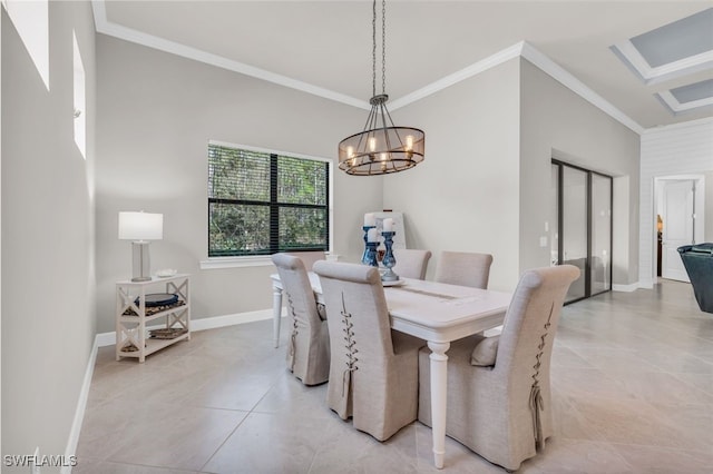 dining space with crown molding, light tile patterned flooring, and a notable chandelier