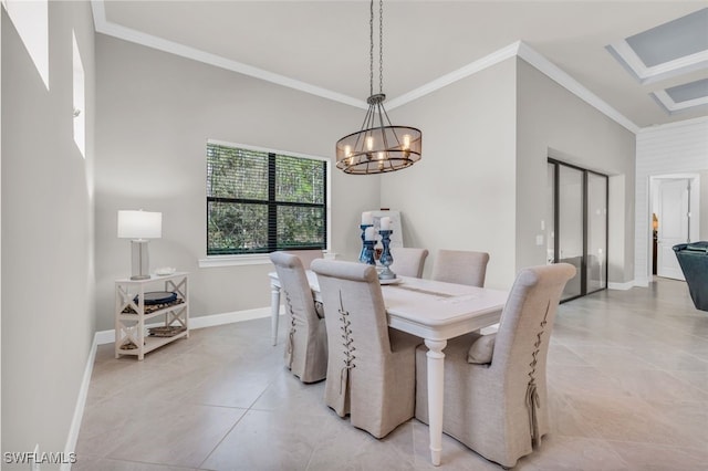 20533 Wilderness Ct, Estero, FL 33928 - dining space with ornamental molding, light tile patterned flooring, a chandelier, and baseboards