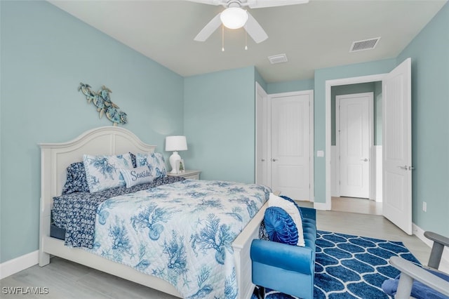 bedroom with hardwood / wood-style floors, ceiling fan, and a closet