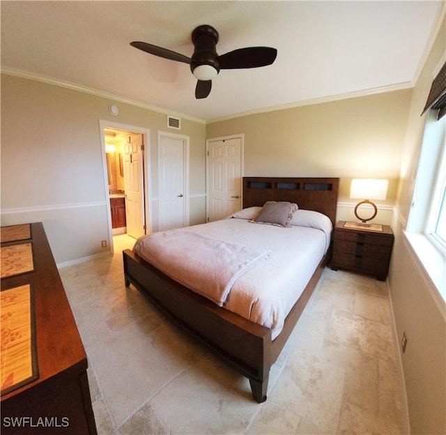 bedroom with ensuite bathroom, ceiling fan, a closet, and ornamental molding